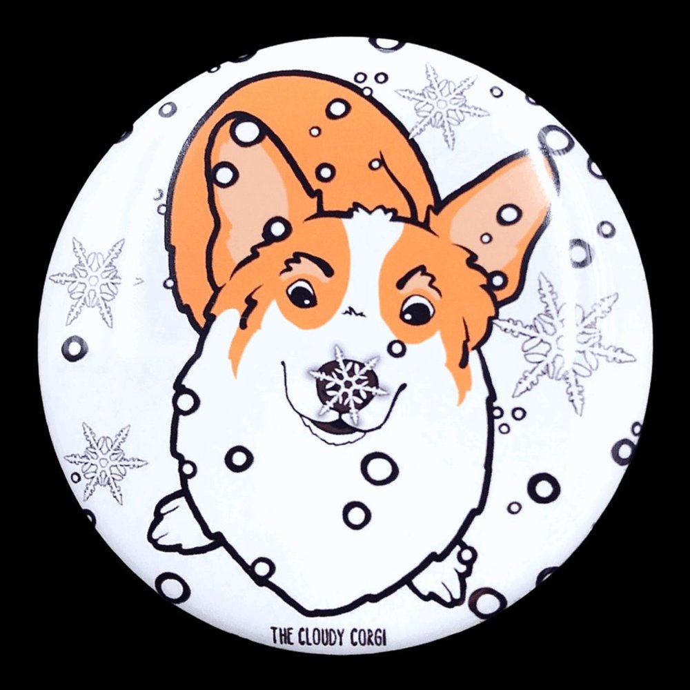 Welsh Corgi Dog Winter Snow Art Pin Button Badge